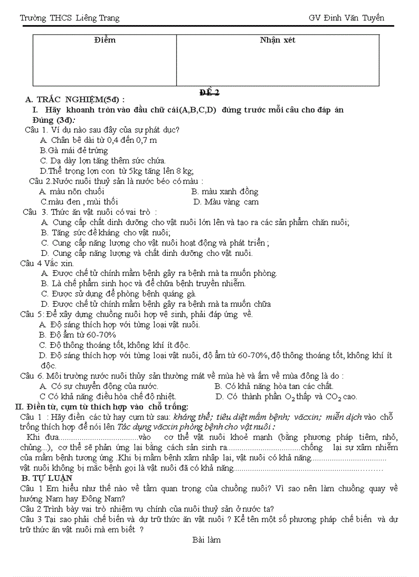 image for page KIỂM TRA HỌC KỲ II lớp 7 môn công nghệ