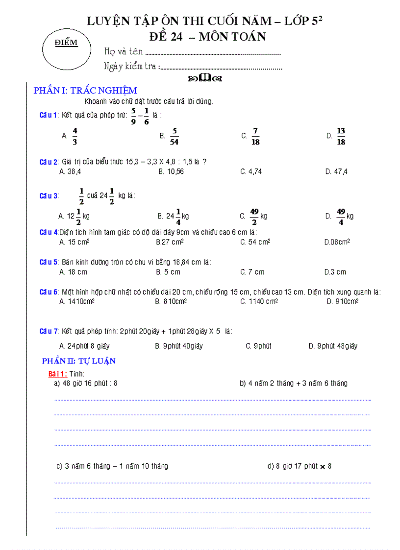 image for page Luyện tập ôn thi cuối năm lớp 5 đề 24 môn toán