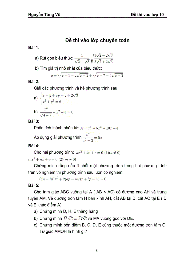 image for page ĐỀ TOÁN THI VÀO LỚP 10 của trừong chuyên lê Hồng Phong