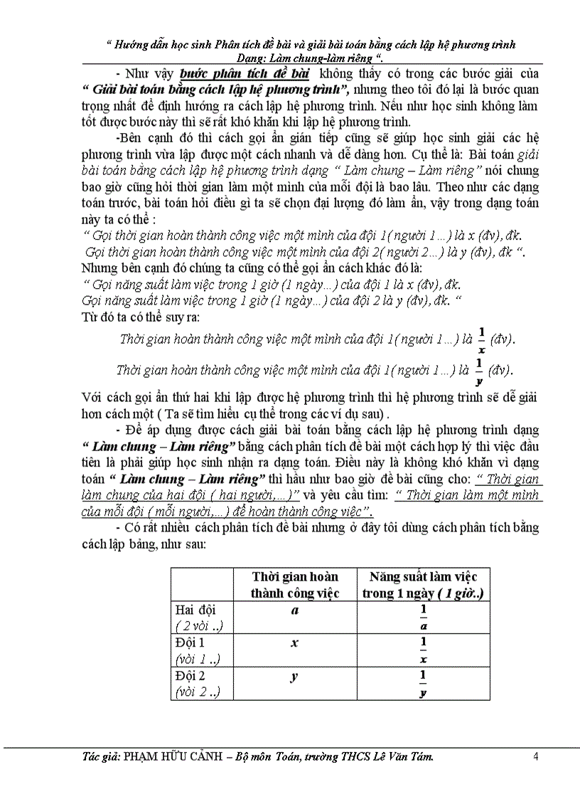 image for page Hướng dẫn học sinh phân tích đề bài và giải bài toán bằng cách lập hệ phương trình dạng làm chung làm riêng
