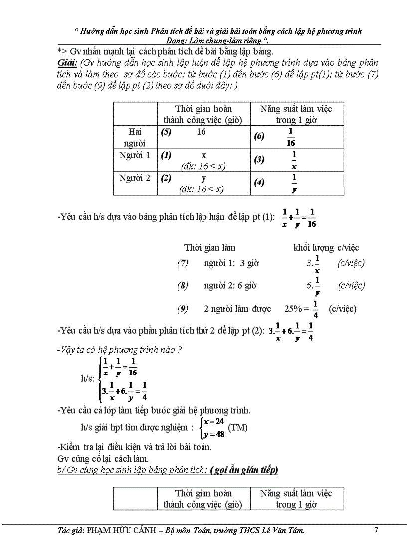 image for page Hướng dẫn học sinh phân tích đề bài và giải bài toán bằng cách lập hệ phương trình dạng làm chung làm riêng