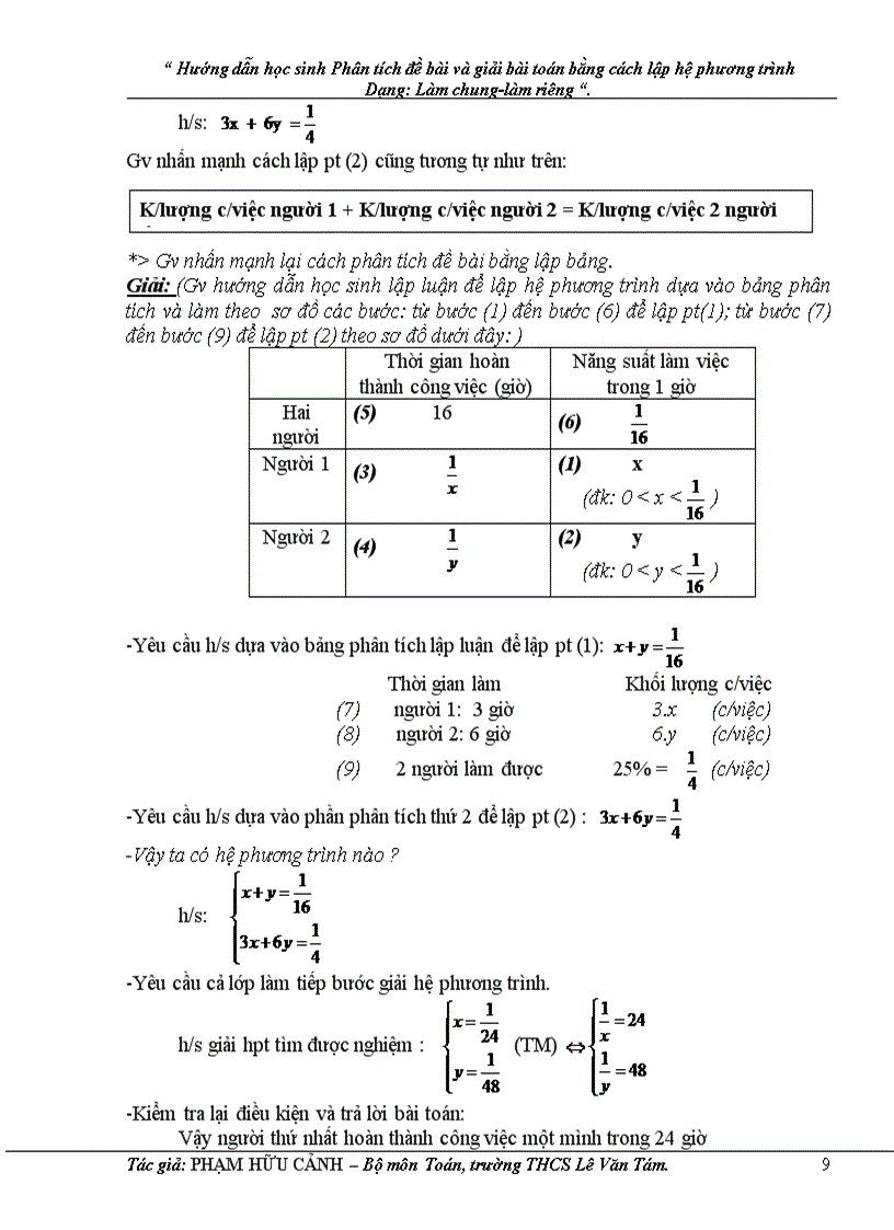 image for page Hướng dẫn học sinh phân tích đề bài và giải bài toán bằng cách lập hệ phương trình dạng làm chung làm riêng