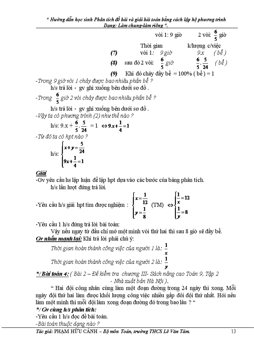 image for page Hướng dẫn học sinh phân tích đề bài và giải bài toán bằng cách lập hệ phương trình dạng làm chung làm riêng