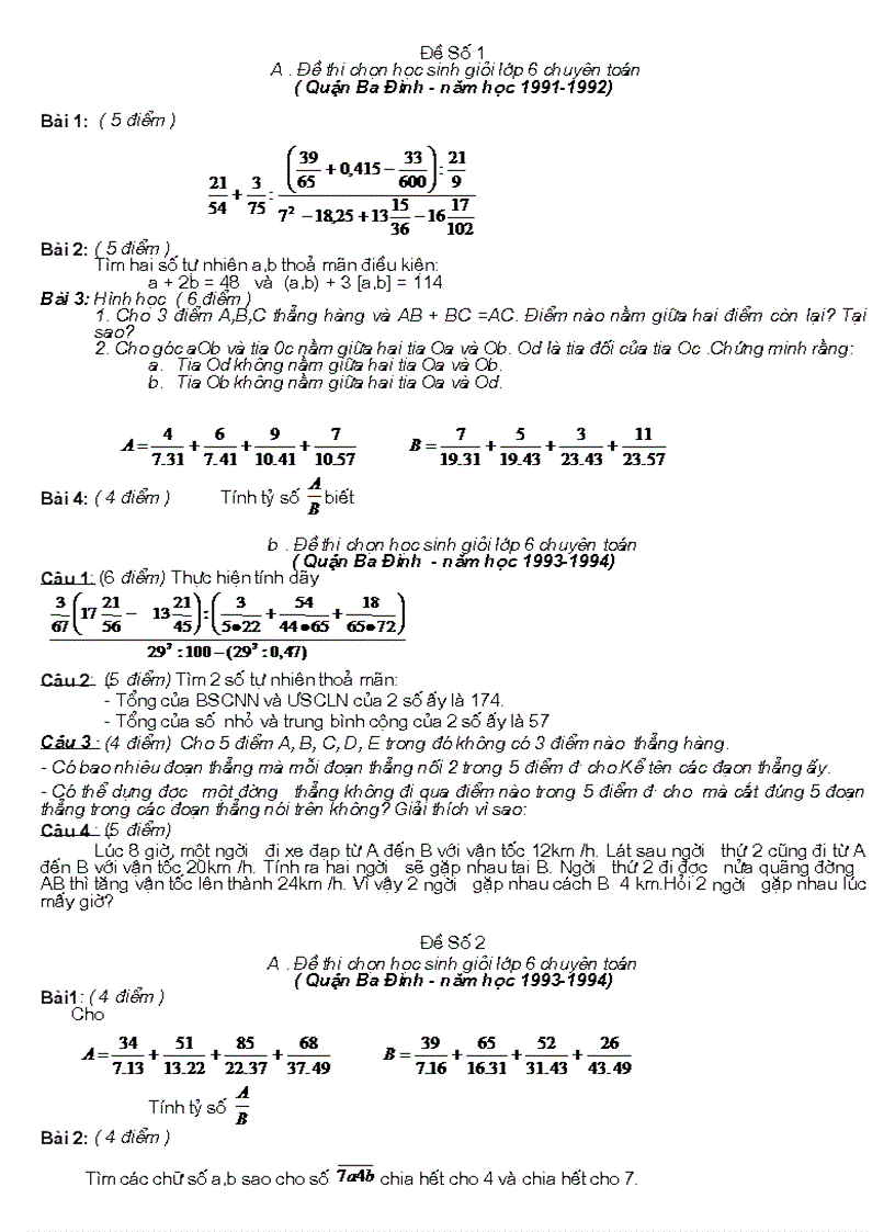 image for page Đề thi chọn học sinh giỏi lớp 6 chuyên toán Quận Ba Đình năm học 1991 1992