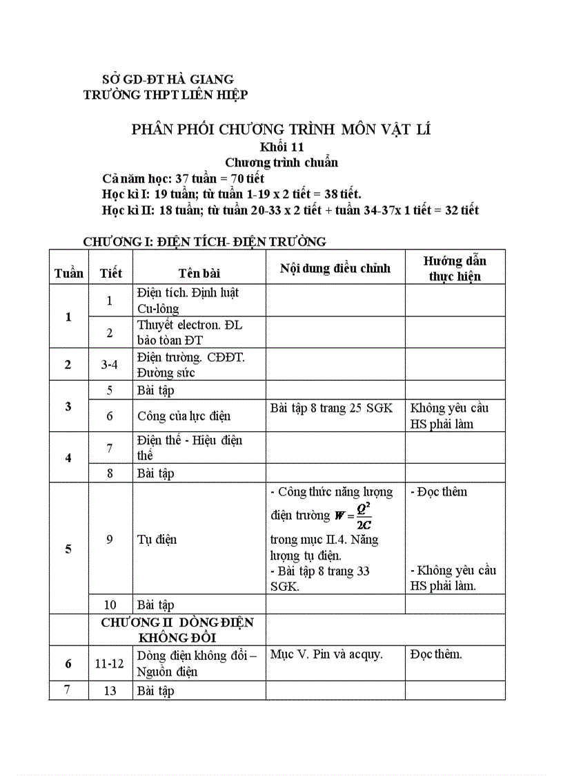 image for page PHÂN PHỐI CHƯƠNG TRÌNH MÔN VẬT LÍ Khối 11