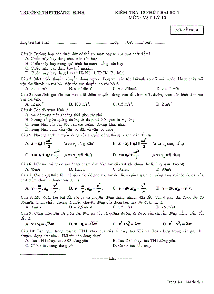 image for page Kiểm tra 15 phút bài số 1 môn Vật lý 10