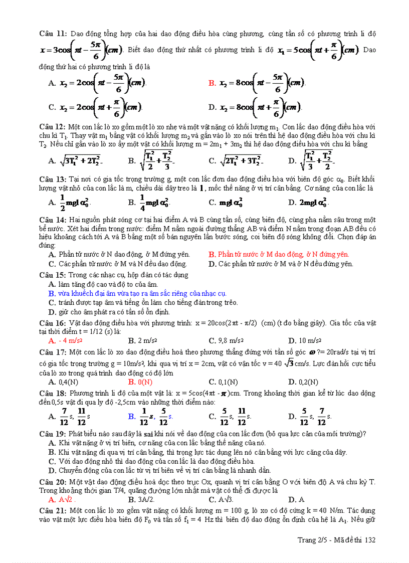 image for page ĐỀ THI TRẮC NGHIỆM MÔN Vật lí dao động và sóng cơ