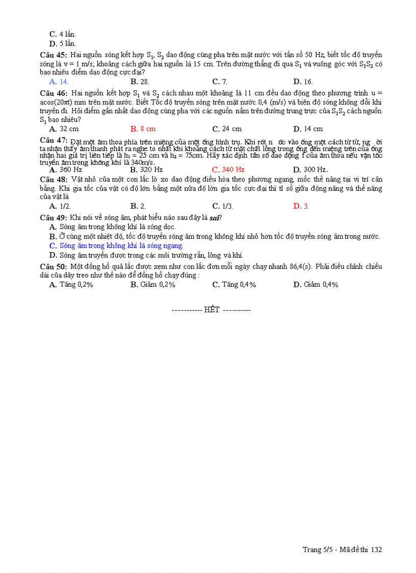 image for page ĐỀ THI TRẮC NGHIỆM MÔN Vật lí dao động và sóng cơ