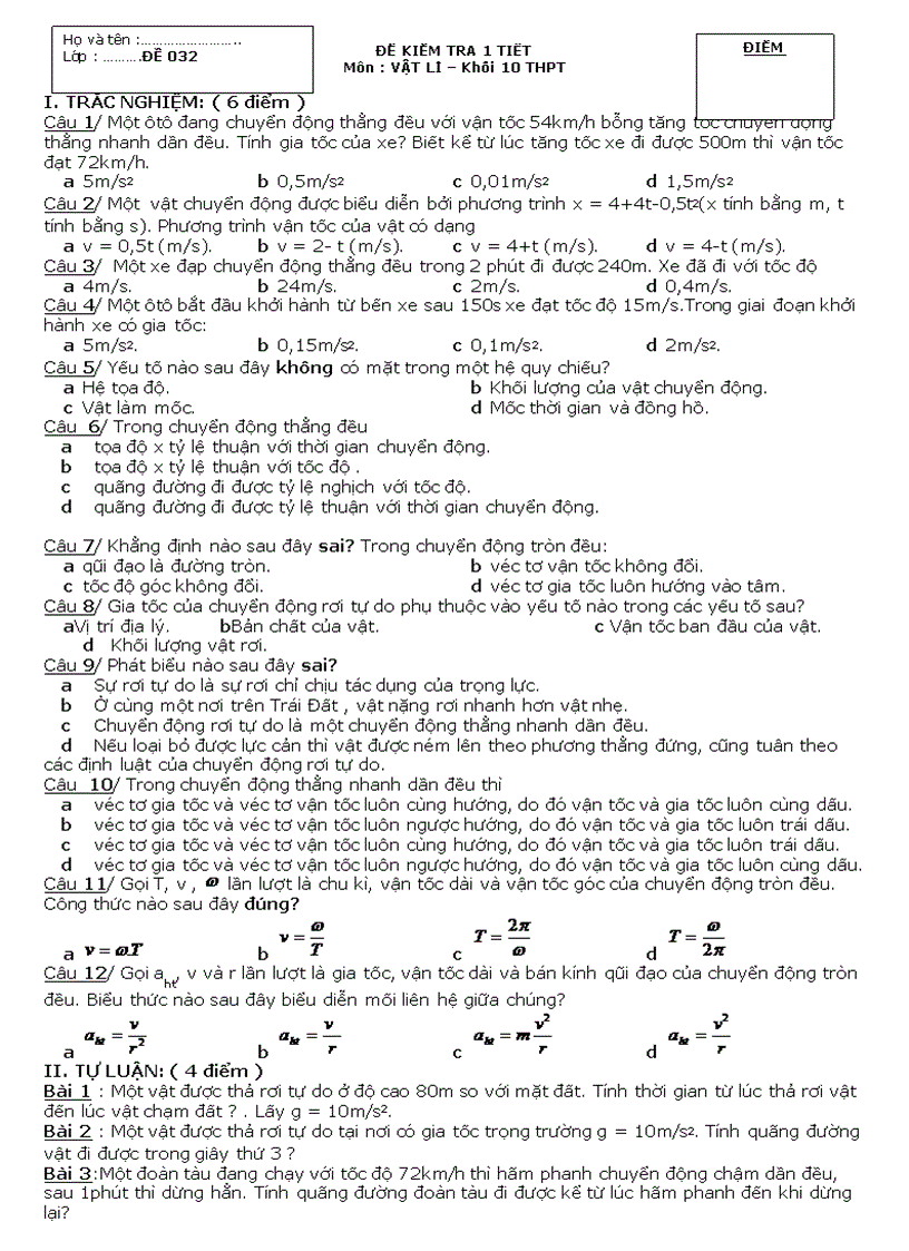 image for page Ề KIỂM TRA 1 TIẾT Môn VẬT LÍ Khối 10 THPT Đ