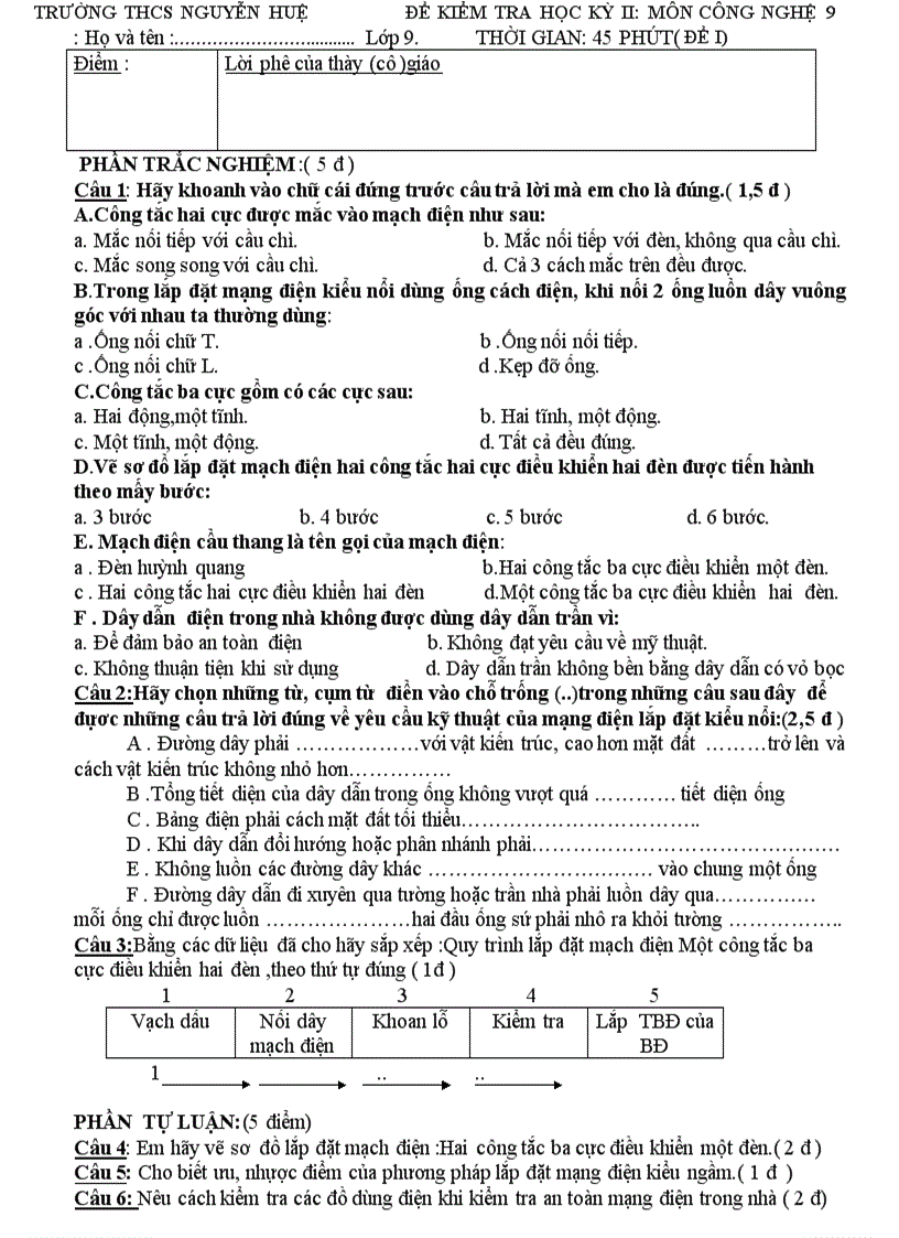 ĐỀ KIỂM TRA HỌC KÌ II NĂM HỌC 2010 2011 Môn Công nghệ 9