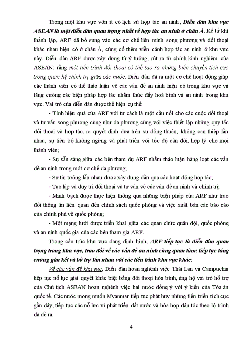 Bình luận về Diễn đàn khu vực ASEAN ARF dước các góc độ Thực tiễn hoạt động Vai trò của ARF Triển vọng của ARF