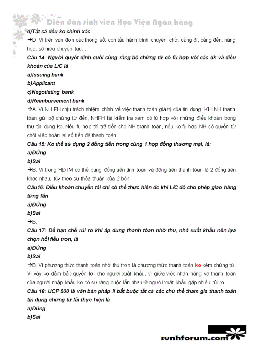 image for page Trắc nghiệm và lời giải thanh toán quốc tế