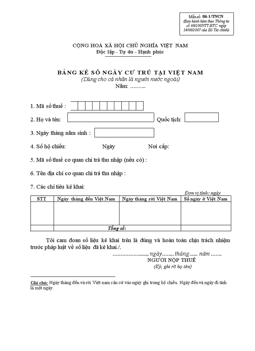 image for page Bảng kê số ngày cư trú tại Việt Nam
