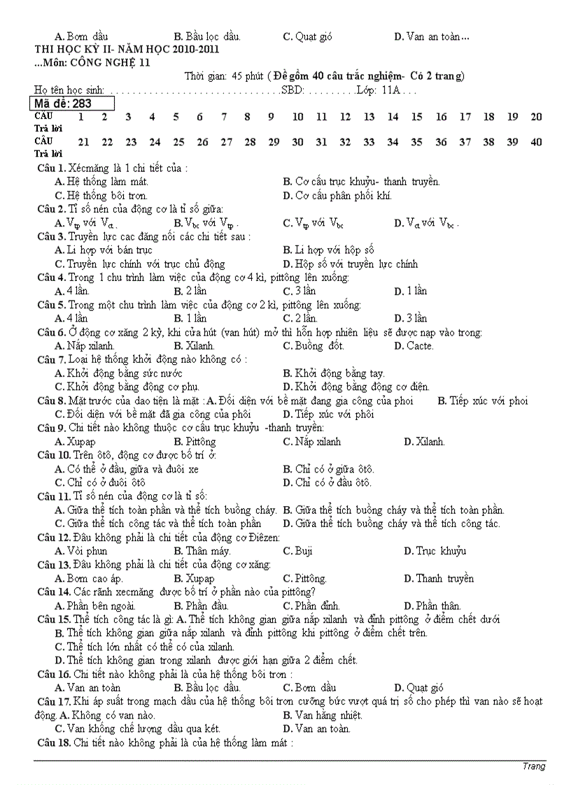 image for page THI HỌC KỲ II NĂM HỌC 2010 2011 Môn CÔNG NGHỆ có đáp án