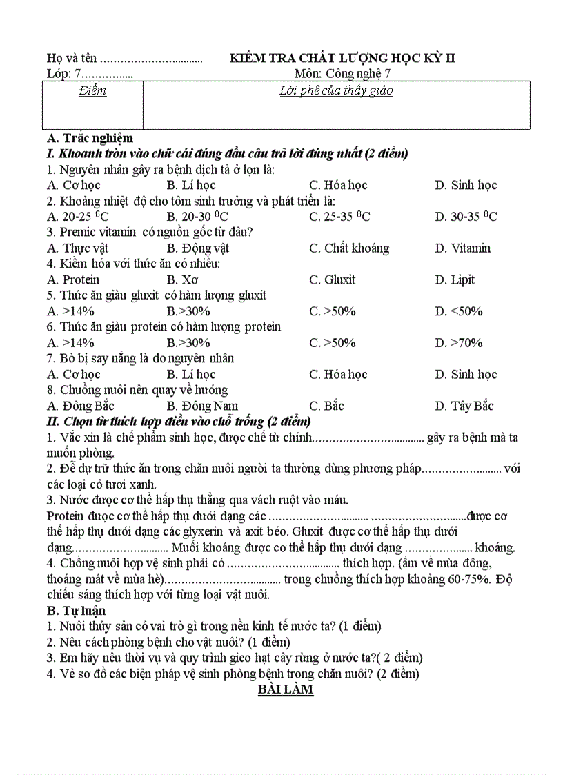 KIỂM TRA CHẤT LƯỢNG HỌC KỲ II Môn Công nghệ 7 2005