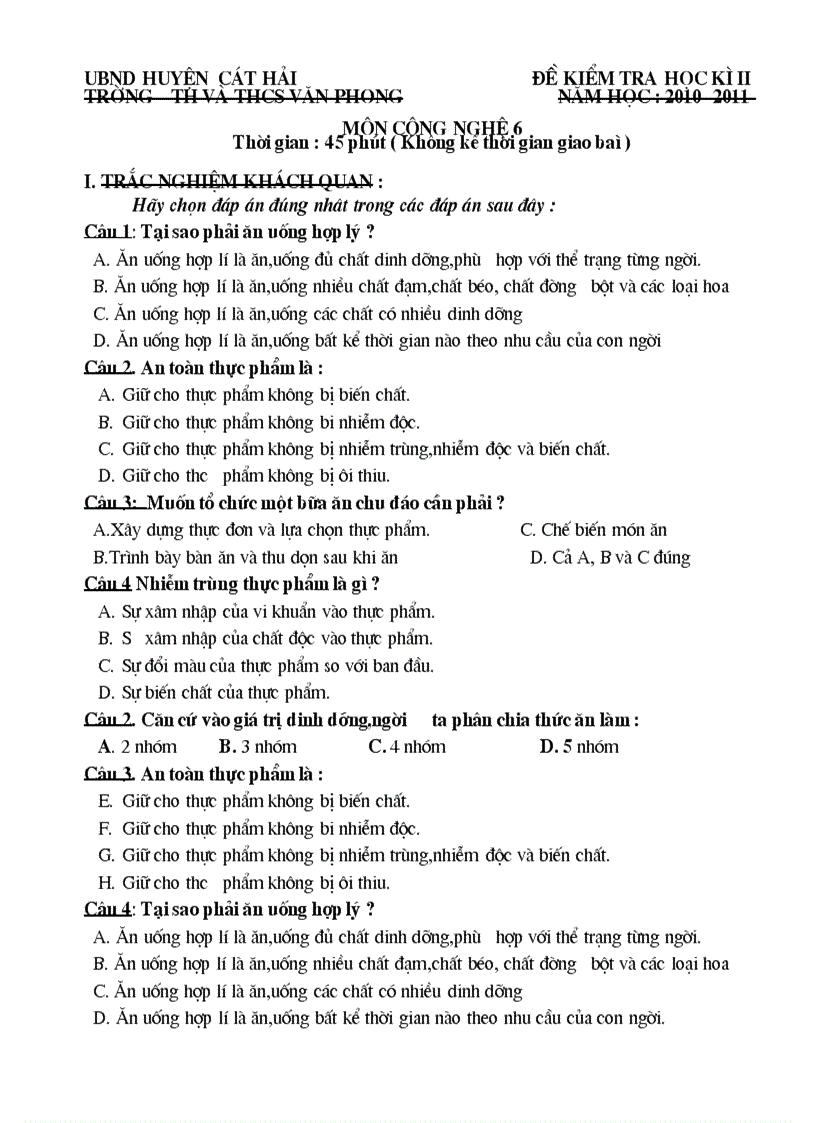 image for page Đề kiểm tra học kì II Trường th và ThCS Văn Phon Năm học 2010 2011 Môn công nghệ 6