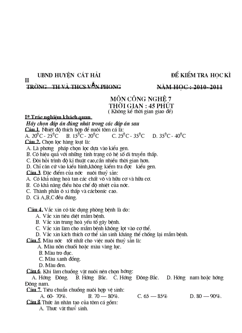 image for page Đề kiểm tra học kì II Trường th và ThCS Văn Phon Năm học 2010 2011 Môn công nghệ 6