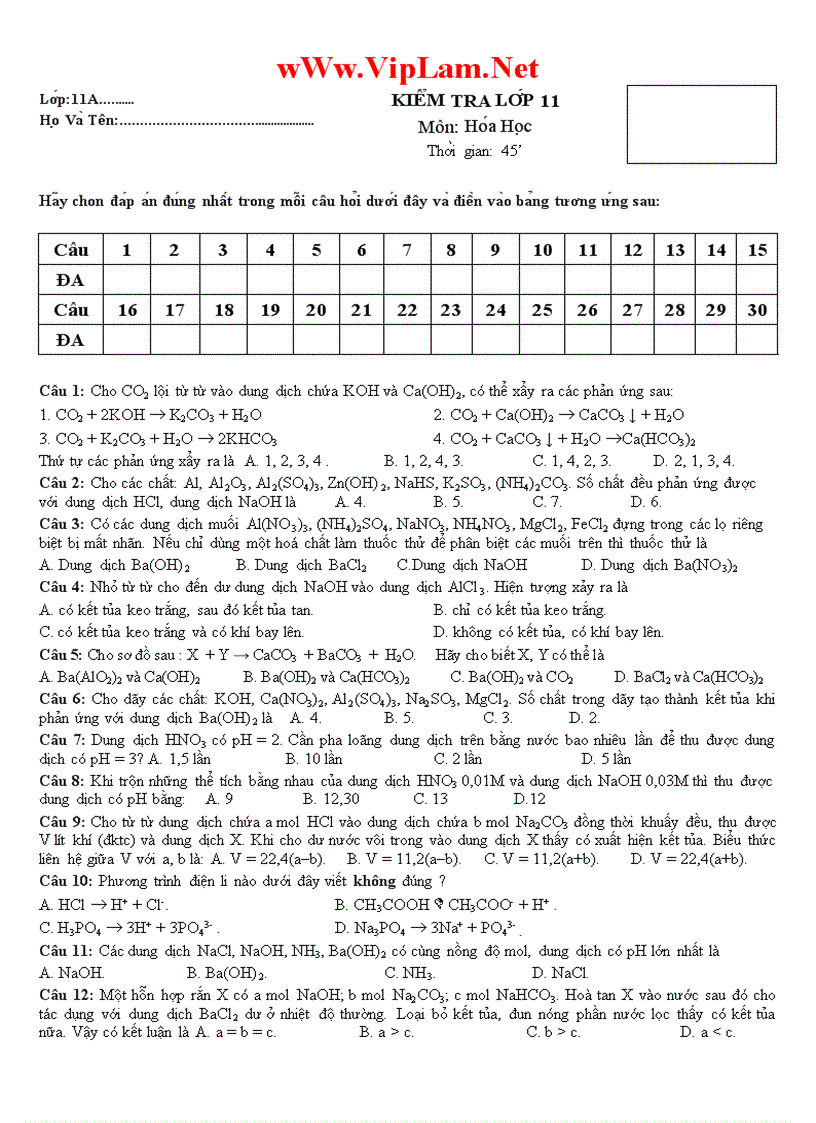 image for page KIỂM TRA LỚP 11 Môn Hóa Học