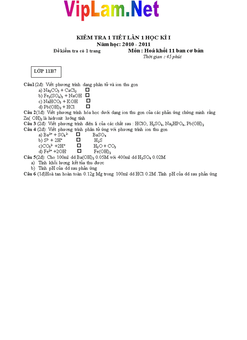 image for page Đề kiểm tra 1 tiết lần 1 năm học 2010 2011 môn Hóa 11