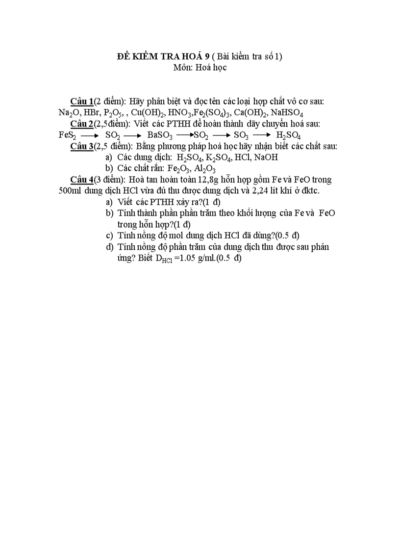 image for page ĐỀ KIỂM TRA HOÁ 9 Bài kiểm tra số 1 Môn Hoá học