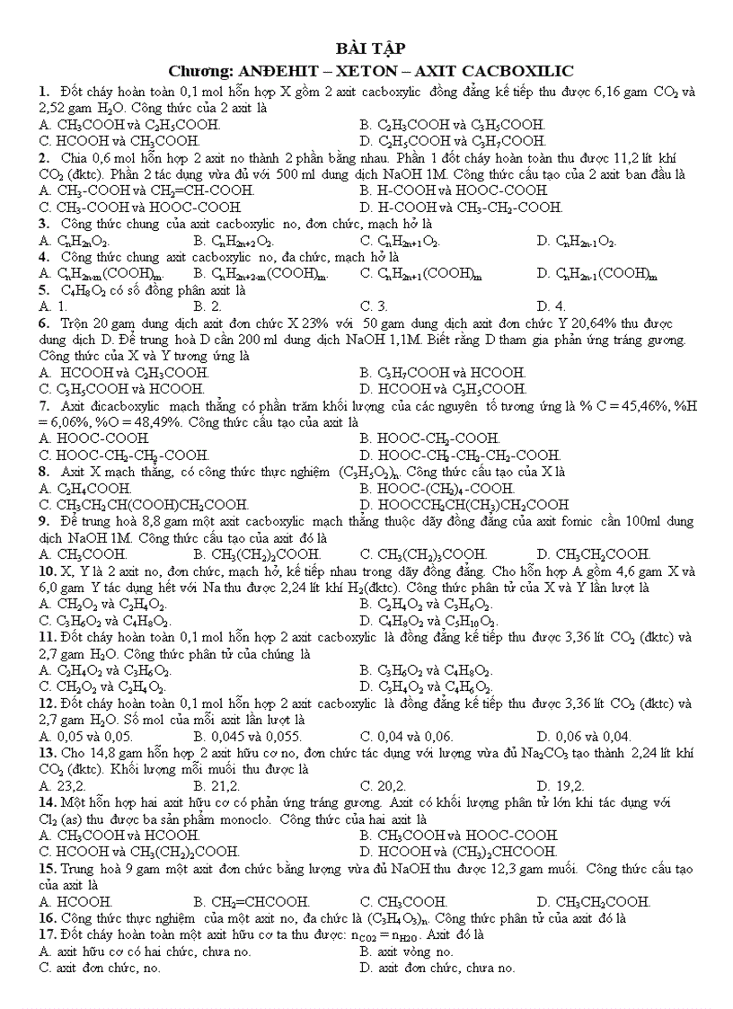 image for page BÀI TẬP HAY Chương ANĐEHIT XETON AXIT CACBOXILIC