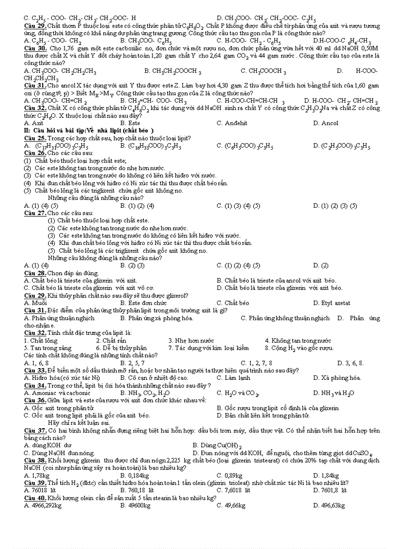 image for page BÀI TẬP CHƯƠNG I ESTE LIPIT Chất béo