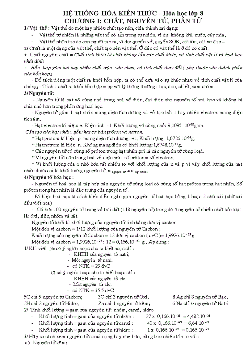 image for page HỆ THỐNG HÓA KIẾN THỨC Hóa học lớp 8 CHƯƠNG I CHẤT NGUYÊN TỬ PHÂN TỬ