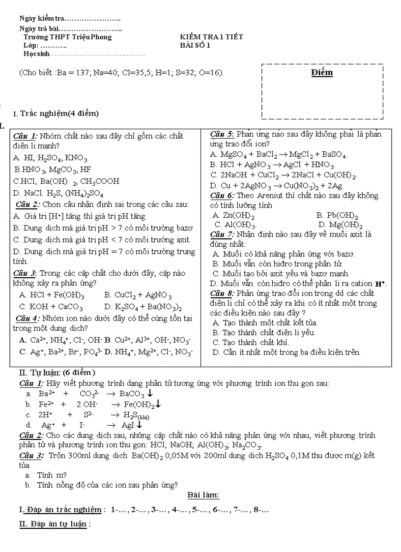 image for page Kiểm tra 1 tiết bài số 1 chương điện li