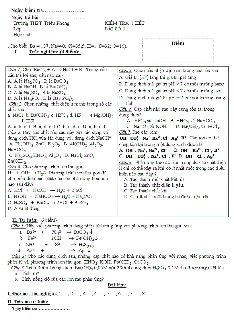 image for page Kiểm tra 1 tiết bài số 1 chương điện li
