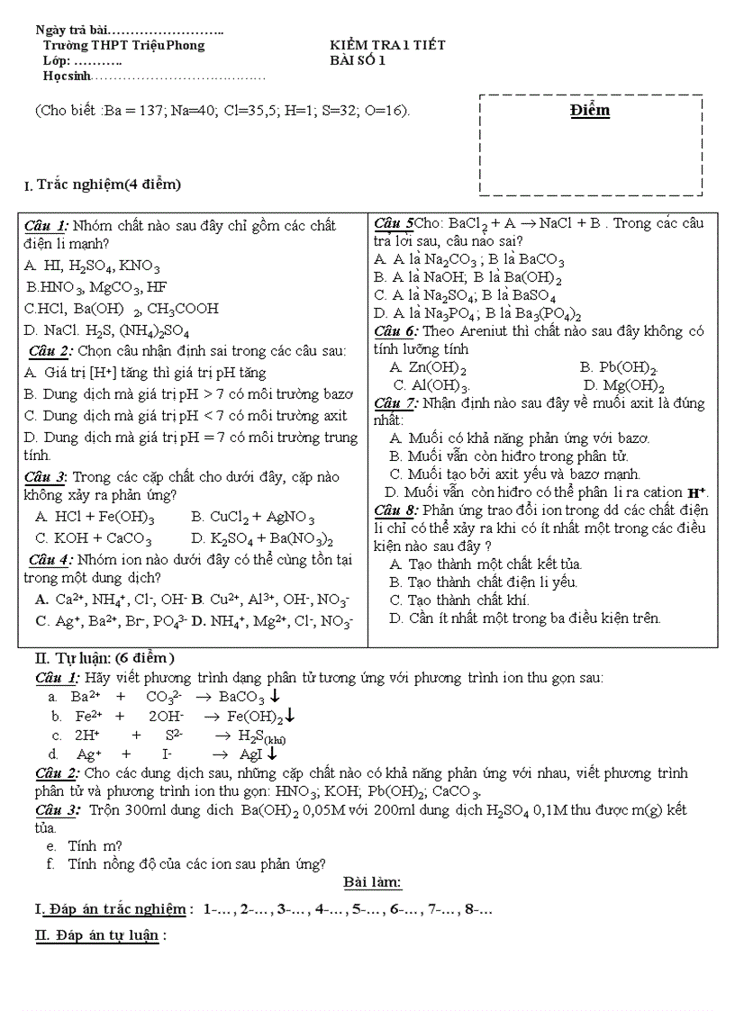 image for page Kiểm tra 1 tiết bài số 1 chương điện li