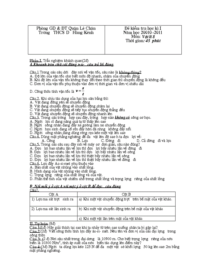 Đề kiểm tra học kì I Năm học 20010 2011 Môn Vật lí 8
