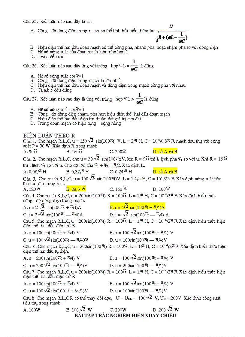 image for page Bài tập trắc nghiệm điện xoay chiều