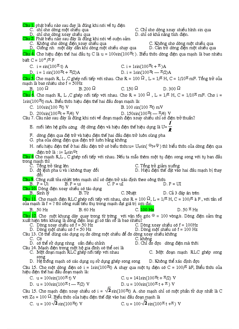 image for page Bài tập trắc nghiệm điện xoay chiều