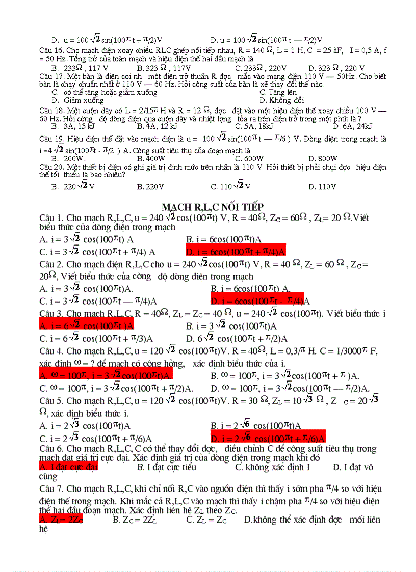 image for page Bài tập trắc nghiệm điện xoay chiều