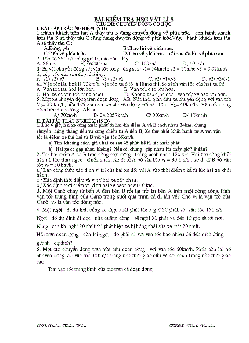 image for page Bài kiểm tra hsg vật lí 8 Chủ đề chuyển động cơ học