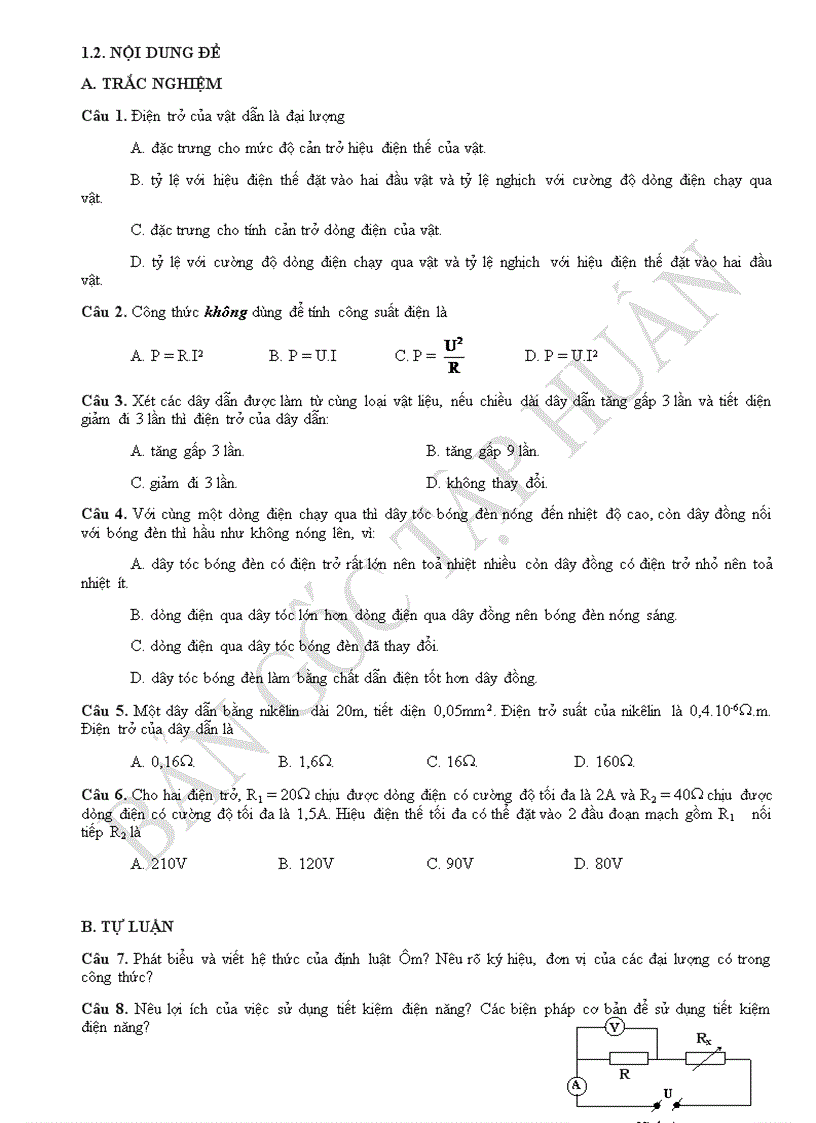 image for page Ma trận và đề kiểm tra vật lí lớp 9 bài số 1