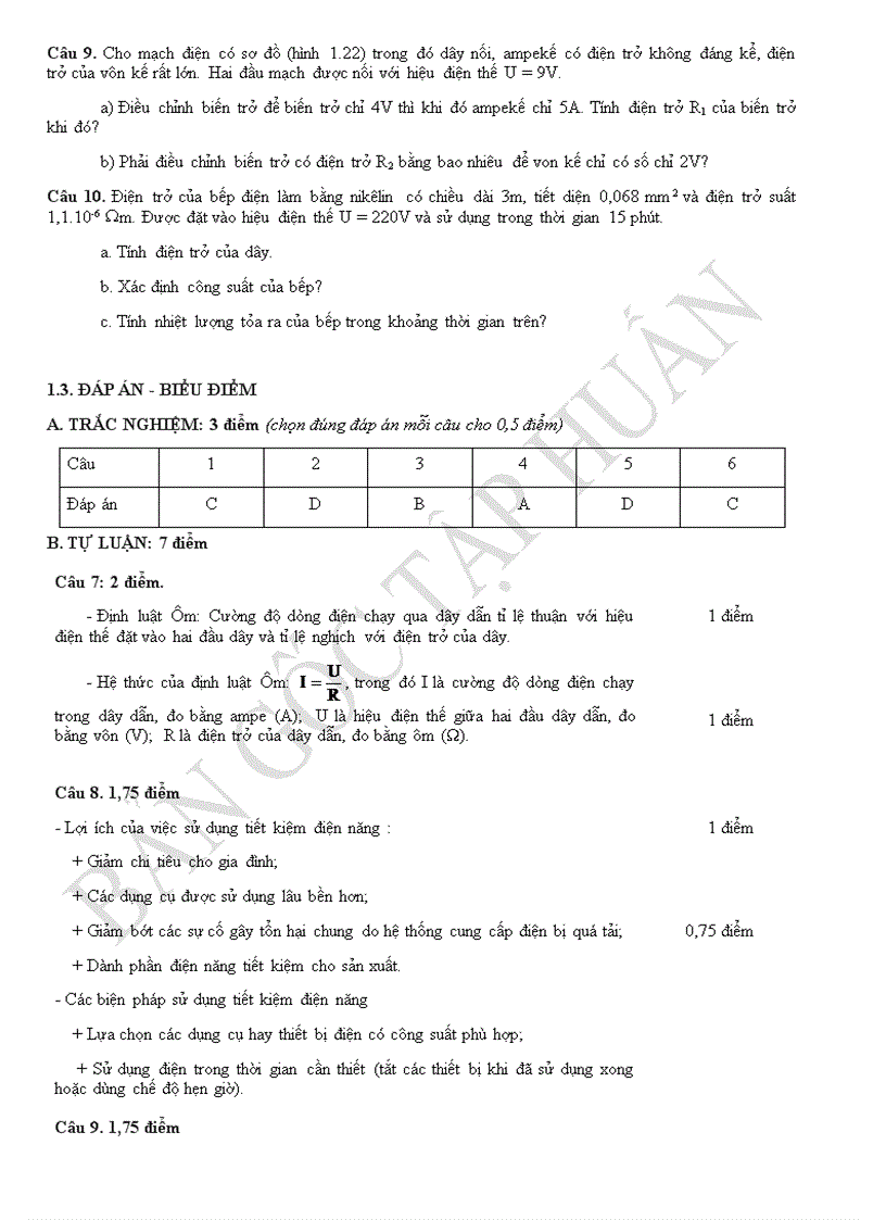image for page Ma trận và đề kiểm tra vật lí lớp 9 bài số 1