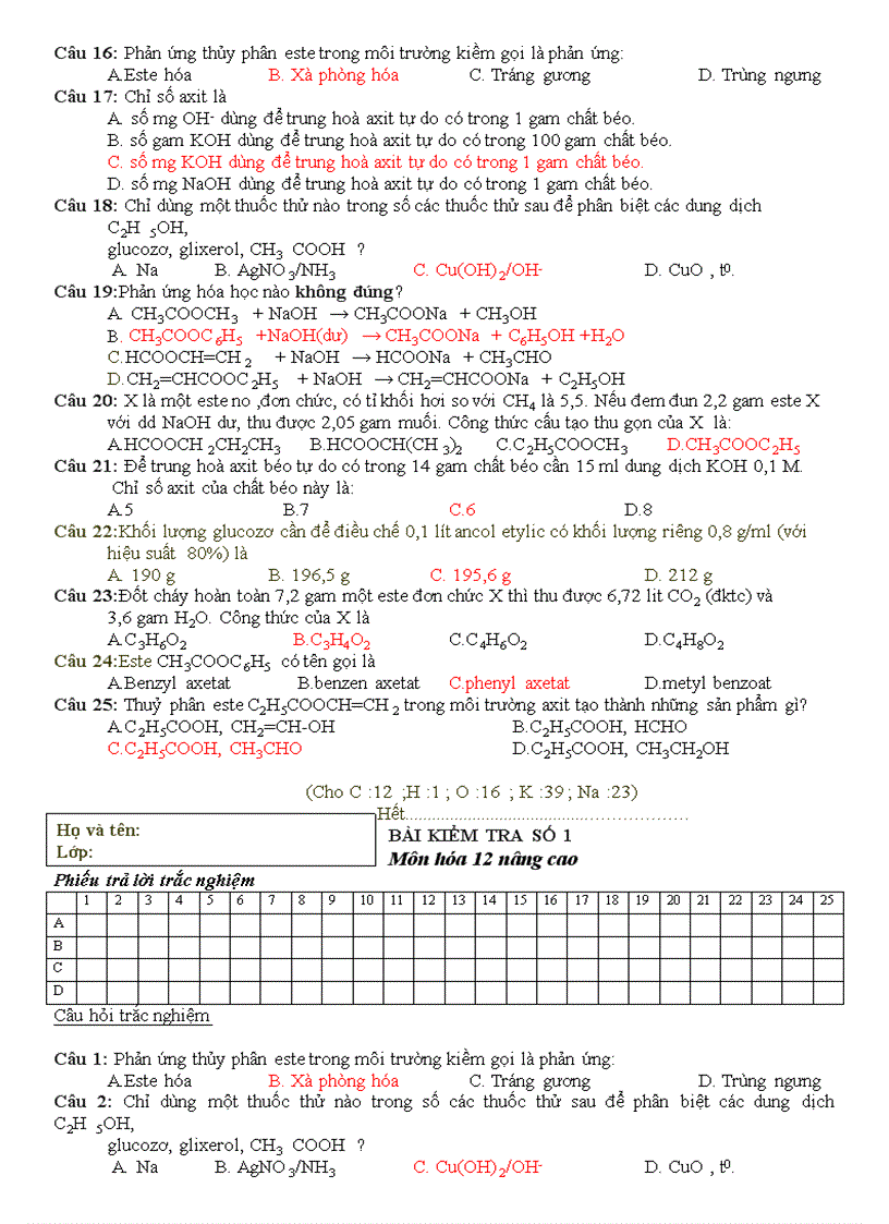 image for page BÀI KIỂM TRA SỐ 1 Môn hóa 12 nâng cao