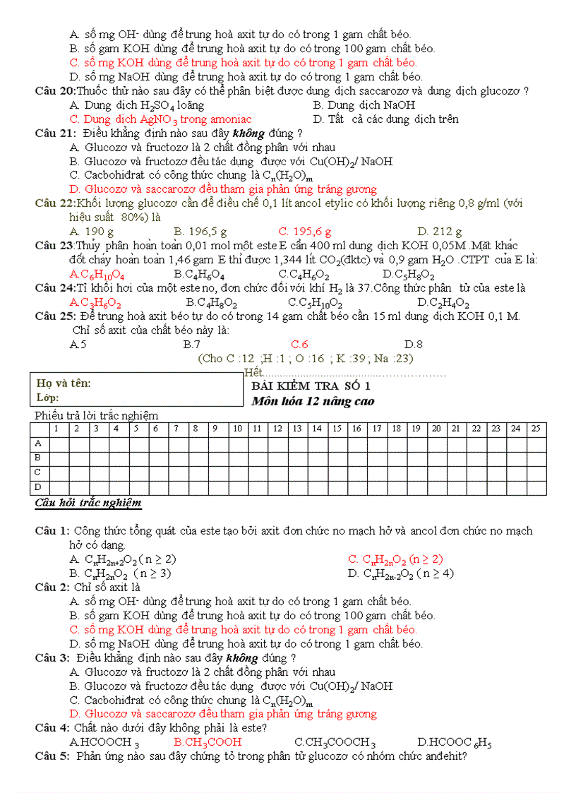 image for page BÀI KIỂM TRA SỐ 1 Môn hóa 12 nâng cao