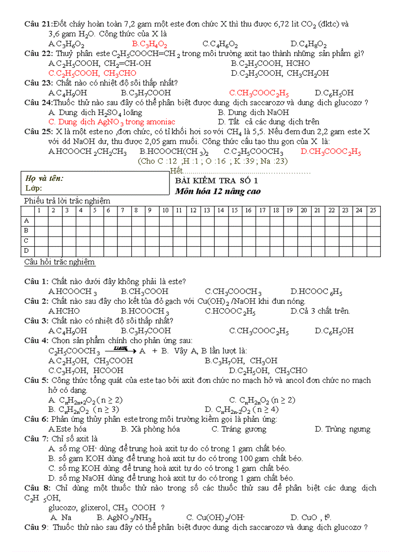 image for page BÀI KIỂM TRA SỐ 1 Môn hóa 12 nâng cao