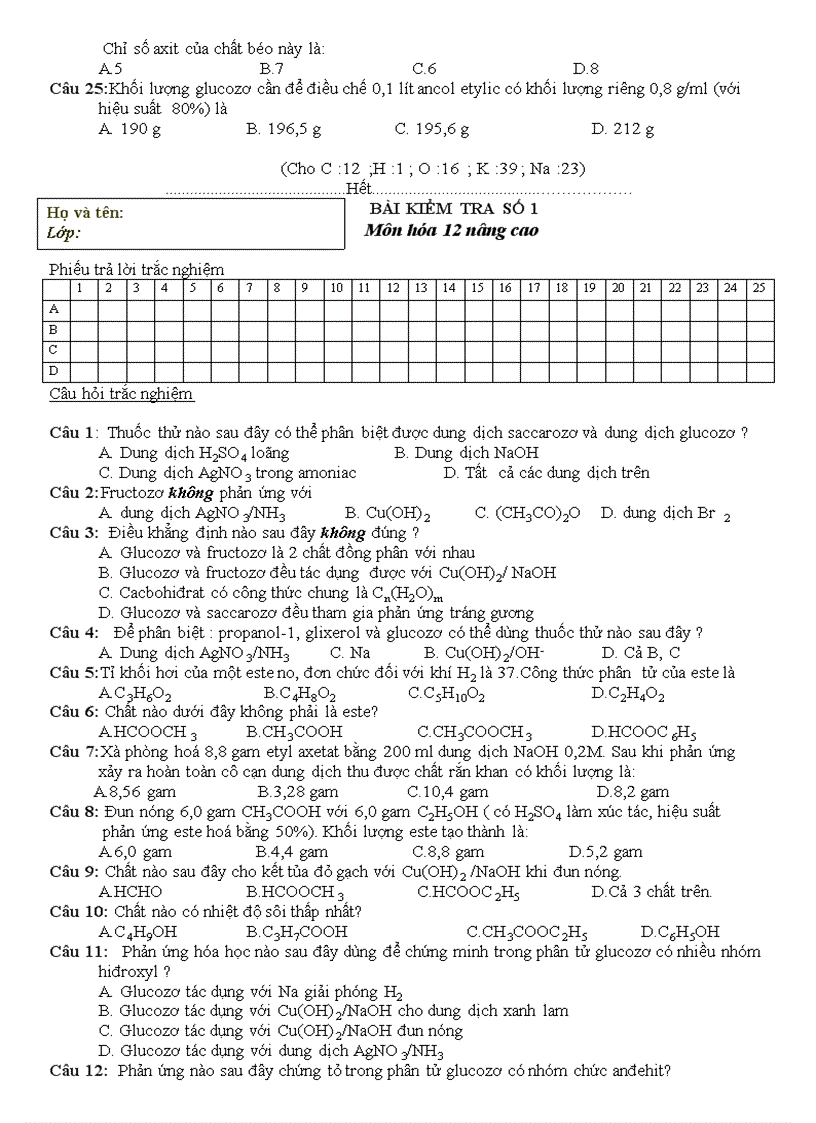 image for page BÀI KIỂM TRA SỐ 1 Môn hóa 12 nâng cao