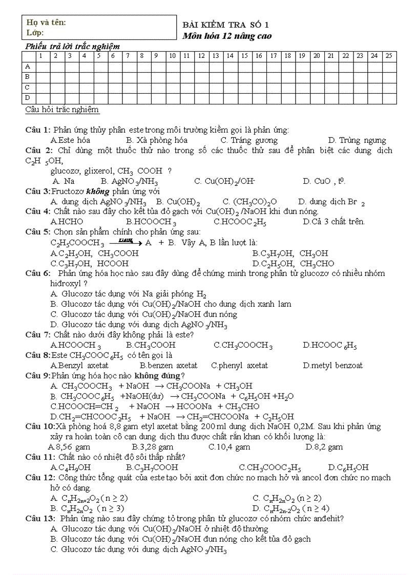 image for page BÀI KIỂM TRA SỐ 1 Môn hóa 12 nâng cao