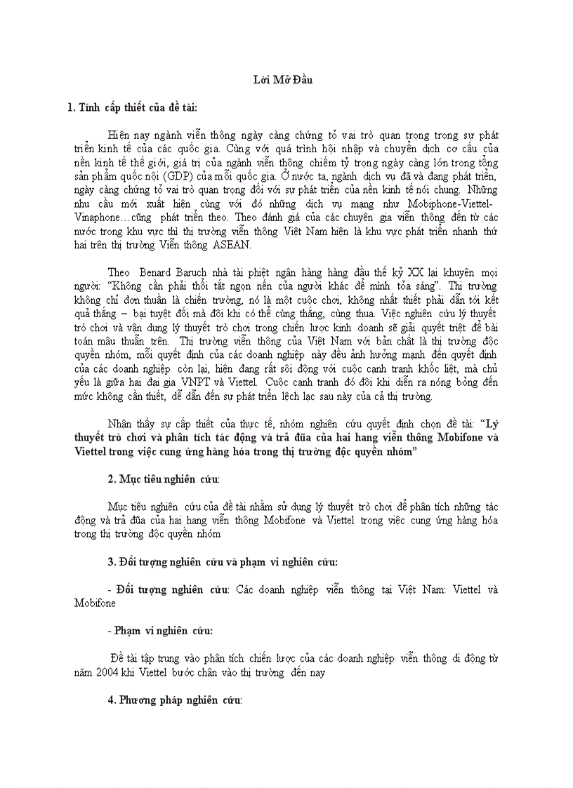 image for page Vận dụng lý thuyết trò chơi phân tích tác động và trả đũa của Viettel và Mobifone trong thị trường đọc quyền nhóm
