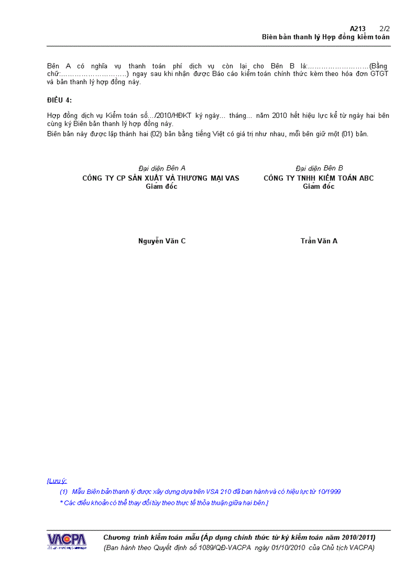 image for page Mẫu Biên bản thanh lý Hợp đồng kiểm toán A213