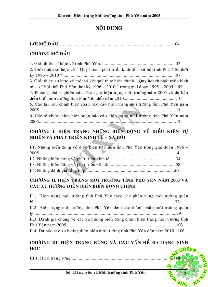 Hiện trạng môi trường tỉnh Phú Yên và định hướng kế hoạch bảo vệ môi trường của địa phương đến 2010 182 trang