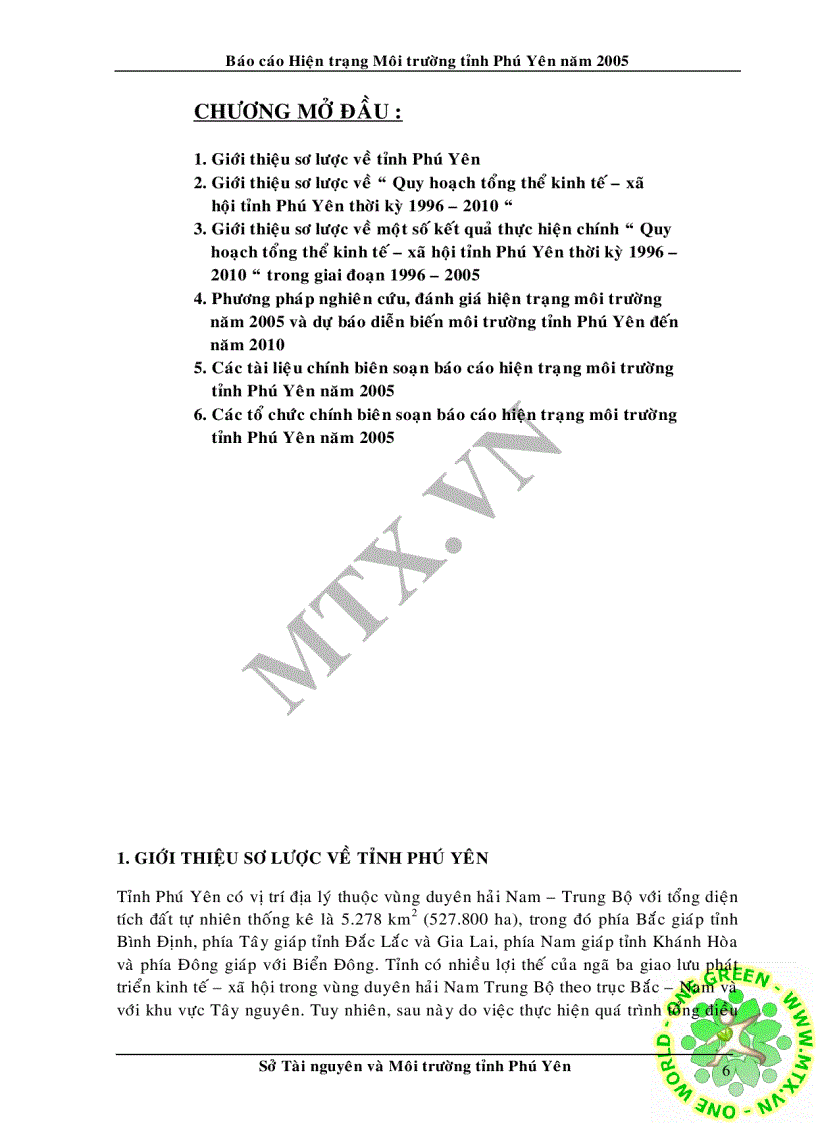 Hiện trạng môi trường tỉnh Phú Yên và định hướng kế hoạch bảo vệ môi trường của địa phương đến 2010 182 trang