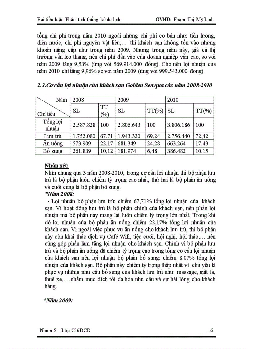 Phân tích tình hình giá cả và lợi nhuận của khách sạn Golden Sea Đà Nẵng năm 2008 2011 Bài tiểu luận phân tích thống kê du lịch