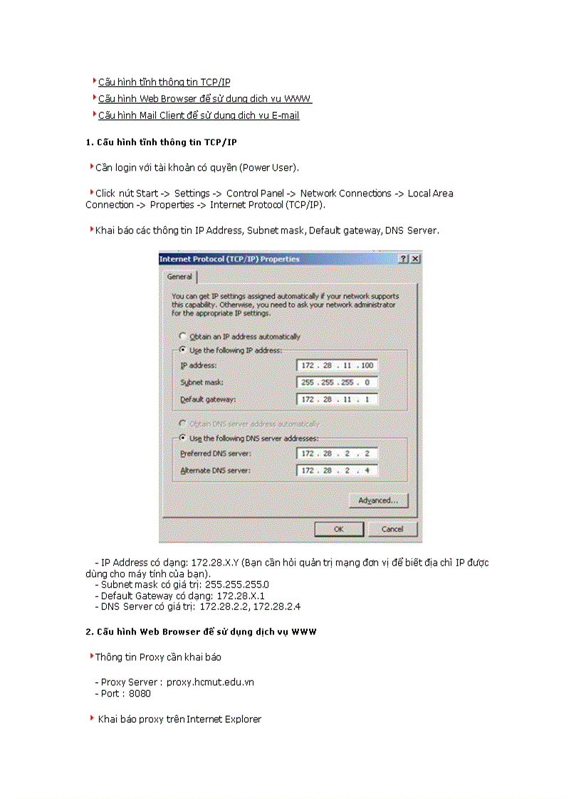 image for page Cấu hình tĩnh thông tin TCP IP Cấu hình Web Browser để sử dụng dịch vụ WWW Cấu hình Mail Client để sử dụng dịch vụ E mail