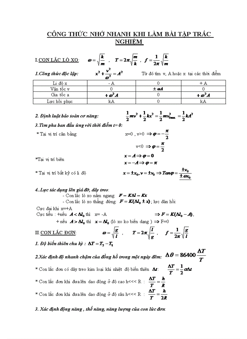 image for page Công thức nhớ nhanh khi làm bài tập trắc nghiệm