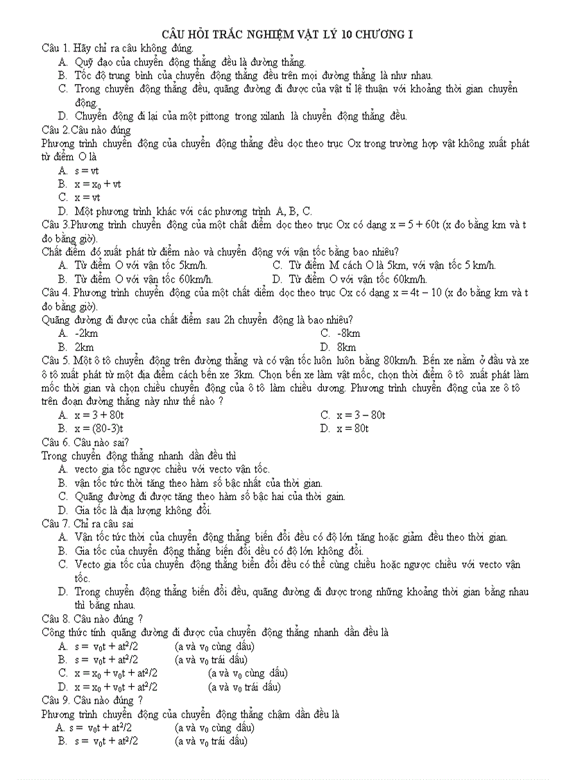 image for page Câu hỏi trắc nghiệm vật lý 10 chương i